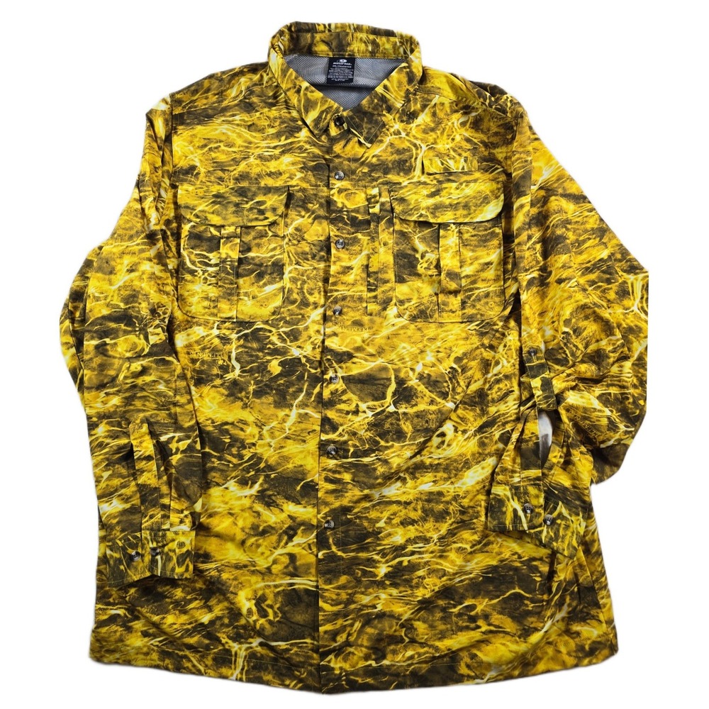 Mossy Oak Fishing Shirt Mens 2XL Yellow Camo Polyester Elements Agua